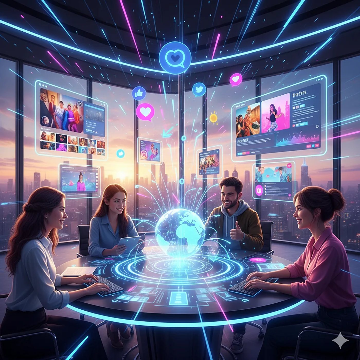 Équipe de quatre personnes autour d'une table futuriste avec un globe holographique